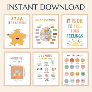 May include: Set of six printable posters with colorful illustrations and text. The posters are designed to help children learn about mindfulness, calming strategies, and feelings. The posters include titles such as "Star Breathing", "Grow Your Mind", "It is OK to Feel Your Feelings", "Mindful Square", "Calming Strategies", and "My Feelings".