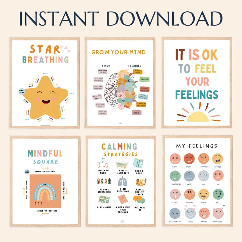 May include: Set of six printable posters with colorful illustrations and text. The posters are designed to help children learn about mindfulness, calming strategies, and feelings. The posters include titles such as "Star Breathing", "Grow Your Mind", "It is OK to Feel Your Feelings", "Mindful Square", "Calming Strategies", and "My Feelings".