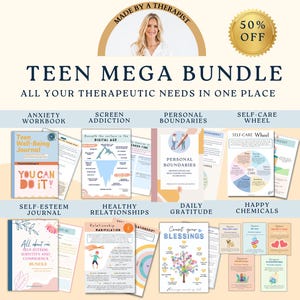 Teen therapy mega worksheet bundle, therapy workbook, therapist journal anxiety, psychology kids mental health, teenagers coping skills, GAD