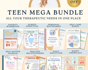 Teen therapy mega worksheet bundle, therapy workbook, therapist journal anxiety, psychology kids mental health, teenagers coping skills, GAD