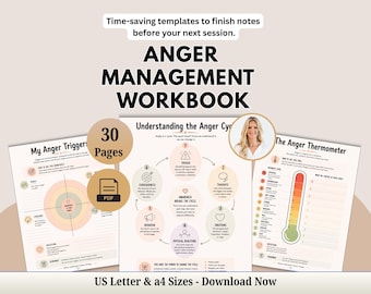 May include: A 30-page PDF anger management workbook featuring templates for notes, including worksheets titled My Anger Triggers, Understanding the Anger Cycle, and The Anger Thermometer. The pages include diagrams, text, and a circular photo of a person.