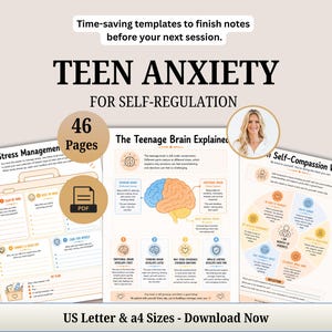 Op de afbeelding: Een digitale PDF-set van 46 pagina's getiteld Teen Anxiety for Self-Regulation, met werkbladen over stressbeheersing, het tienerbrein en een zelfcompassiewiel. Inclusief US Letter- en A4-formaten voor afdrukken en notities.