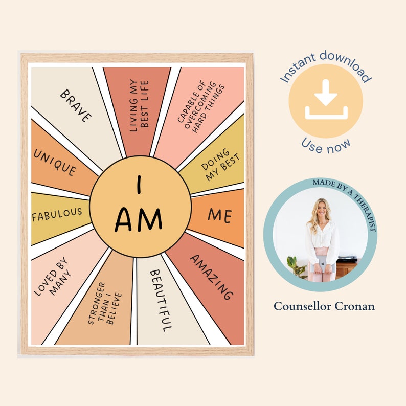 May include: A printable poster with a sunburst design featuring the words "I AM" in the center. The poster has a peach, orange, and yellow color scheme and includes positive affirmations such as "Brave", "Unique", "Fabulous", "Loved by Many", "Stronger than I Believe", "Beautiful", "Amazing", "Me", "Doing My Best", "Capable of Overcoming Hard Things", and "Living My Best Life".