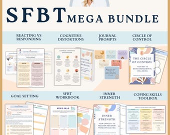May include: A digital product bundle for mental health and well-being. The bundle includes workbooks, journal prompts, and tools for coping skills, goal setting, inner strength, and cognitive distortions. The bundle is designed to help people manage their mental health and well-being.