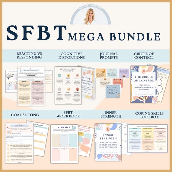 Solution focused therapy mega bundle, goals, inner strength, therapy worksheets, therapy games, mental health, SFBT, SFBT worksheets