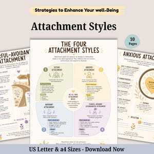 May include: A 10-page digital document set titled Strategies to Enhance Your well-Being and Attachment Styles. The pages feature educational text, diagrams, and illustrations explaining the four attachment styles: secure, anxious, avoidant, and fearful-avoidant, available in US Letter and a4 sizes.