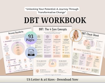 May include: A 93-page DBT workbook in PDF format titled Unlocking Your Potential: A Journey Through Transformative Change. The document includes pages on Personal Boundaries, The 4 Core Concepts, and a DBT Cheat Sheet in US Letter and A4 sizes.