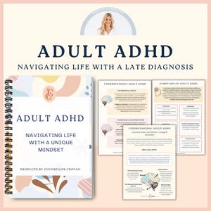 K&ouml;nnte beinhalten: Ein rosa-blauer illustrierter Leitfaden mit dem Titel "Adult ADHD: Navigating Life with a Unique Mindset" und dem Text "Produced by Counselor Cronan". Der Leitfaden ist ge&ouml;ffnet, um Seiten mit Informationen &uuml;ber den pr&auml;frontalen Kortex und das retikul&auml;re Aktivierungssystem zu zeigen. Der Leitfaden soll Menschen helfen, ADHS im Erwachsenenalter zu verstehen und zu bew&auml;ltigen.