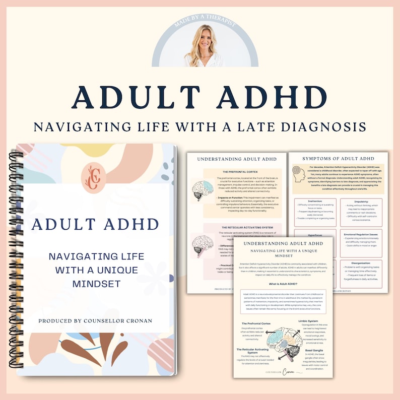 K&ouml;nnte beinhalten: Ein rosa-blauer illustrierter Leitfaden mit dem Titel "Adult ADHD: Navigating Life with a Unique Mindset" und dem Text "Produced by Counselor Cronan". Der Leitfaden ist ge&ouml;ffnet, um Seiten mit Informationen &uuml;ber den pr&auml;frontalen Kortex und das retikul&auml;re Aktivierungssystem zu zeigen. Der Leitfaden soll Menschen helfen, ADHS im Erwachsenenalter zu verstehen und zu bew&auml;ltigen.