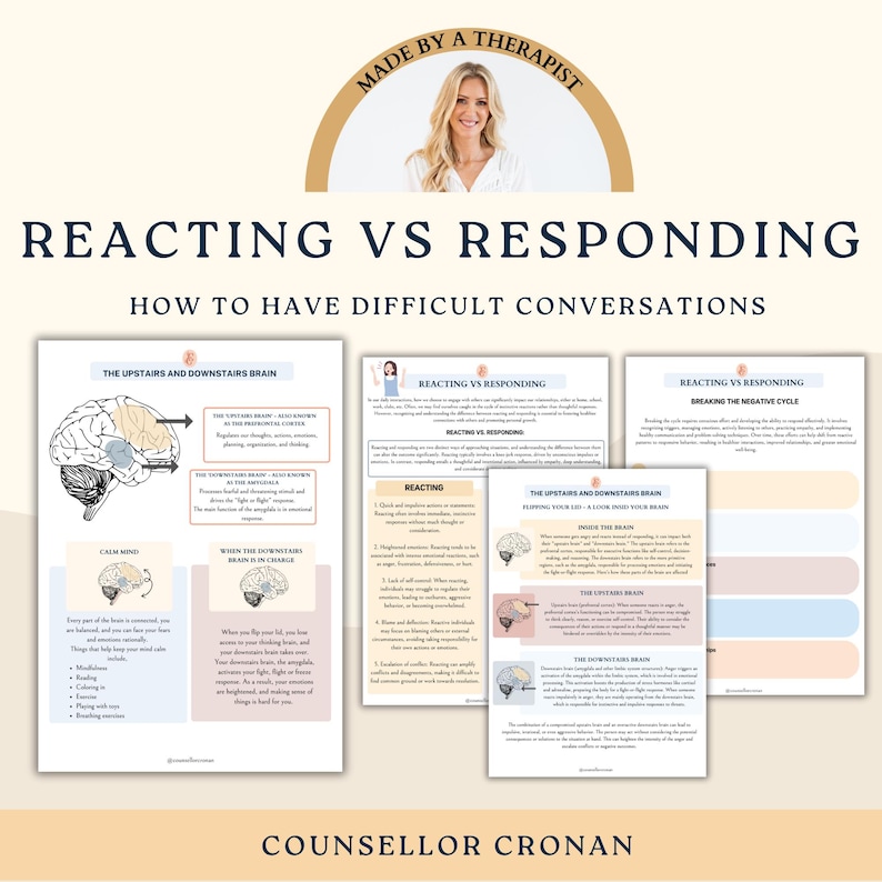 May include: A printable worksheet with the title "Reacting vs Responding: How to Have Difficult Conversations". The worksheet includes illustrations of the brain and text about the "Upstairs and Downstairs Brain" and how to respond to difficult conversations.