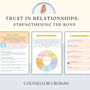 Könnte beinhalten: Ein digitaler Druck mit dem Titel "Vertrauen in Beziehungen: Stärkung der Bindung". Das Bild zeigt drei Textseiten mit Überschriften wie "Was ist Vertrauen?" und "Gesunde Beziehungen". Eine kreisförmige Grafik veranschaulicht Beziehungskomponenten. Der Text "Counsellor Cronan" steht unten.