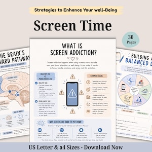 May include: A set of three educational worksheets titled Strategies to Enhance Your Well-Being and Screen Time, featuring diagrams of the brain's reward pathway, information on screen addiction, and a balanced day planning wheel with 30 pages.