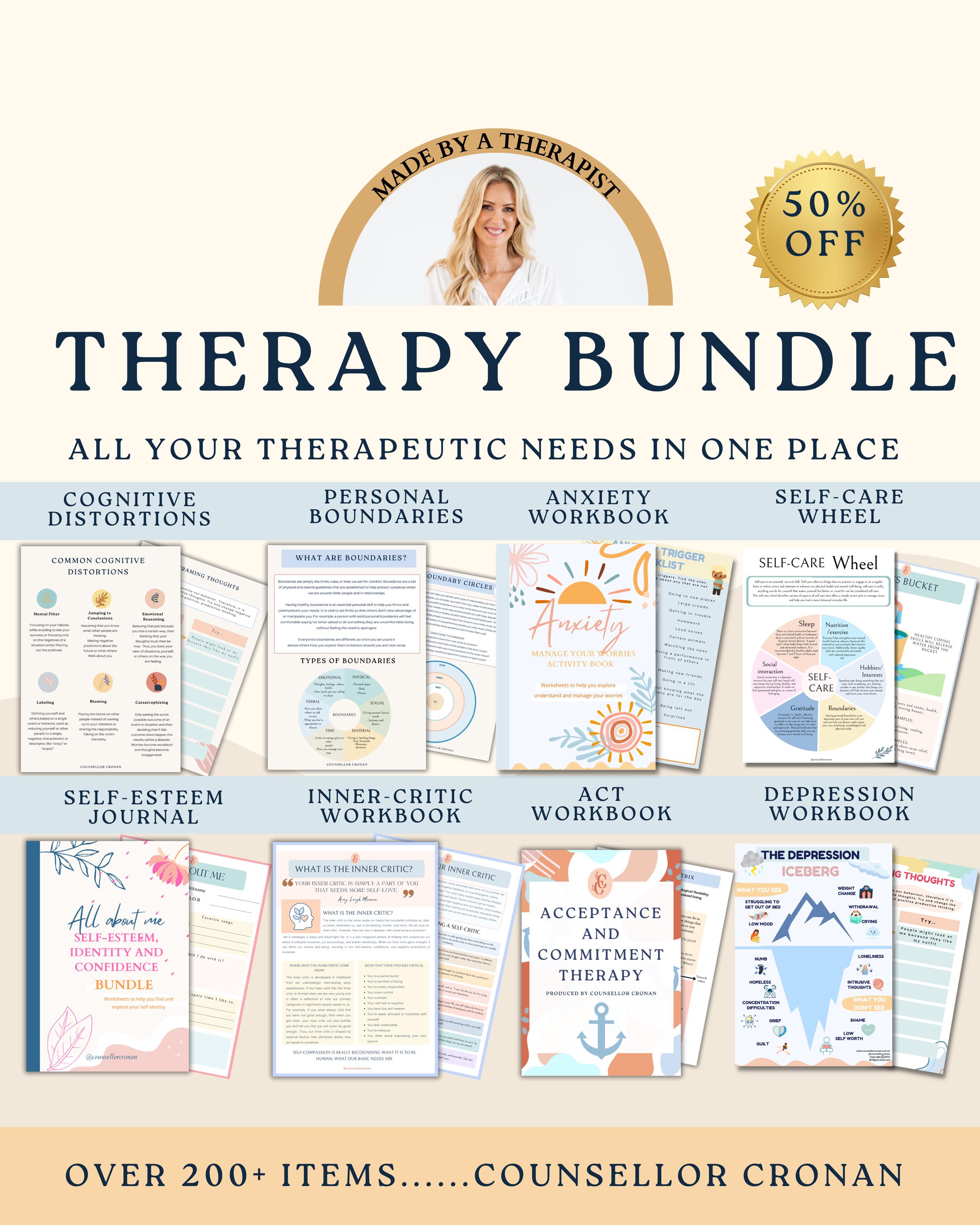 Therapy worksheet bundle, psychology resources, inner critic, boundaries, trauma, acceptance therapy, safety plan, planner, affirmations,GAD