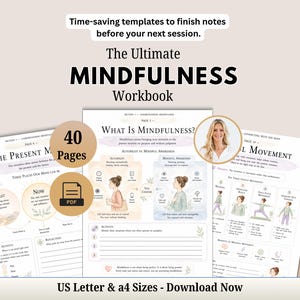 Könnte beinhalten: Ein 40-seitiges digitales Achtsamkeits-Arbeitsbuch im PDF-Format mit drei Seiten voller Illustrationen, Texten und Übungen. Die Seiten enthalten Titel wie The Present Moment, What Is Mindfulness und Mindful Movement, verfügbar in US Letter und A4.