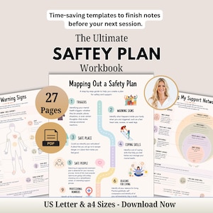 以下が含まれることがあります： 27ページのデジタルワークブック「The Ultimate SAFTEY PLAN Workbook」。安全計画の作成、早期警告サインの特定、サポートネットワークの構築のためのテンプレートが含まれており、PDF形式でダウンロード可能です。