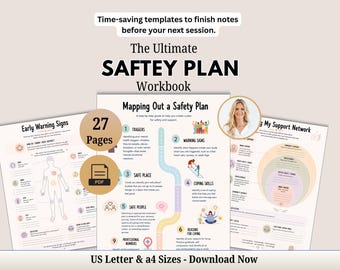 Peut inclure: Un cahier d'exercices numérique de 27 pages intitulé The Ultimate SAFTEY PLAN Workbook, comprenant des modèles pour établir des plans de sécurité, identifier les signes avant-coureurs et créer des réseaux de soutien, disponible en format PDF.