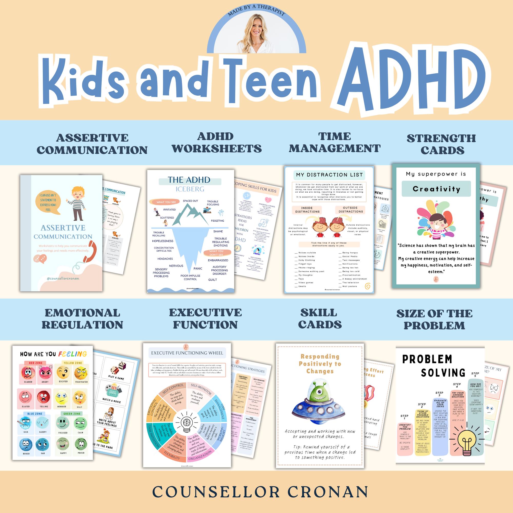 ADHD self-therapy resources and tools for kids behavior management. Time management, executive functioning, mindful breathing, regulation