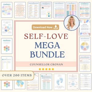 Peut inclure: Un méga pack numérique d'amour de soi avec plus de 200 articles. L'image présente diverses pages avec du texte et des graphiques, dont les mots "Self-Love Mega Bundle" et "Download Now". Un portrait de femme est également inclus.