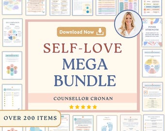 May include: A digital self-love mega bundle with over 200 items. The image features various pages with text and graphics, including the words "Self-Love Mega Bundle" and "Download Now." A portrait of a woman is also included.