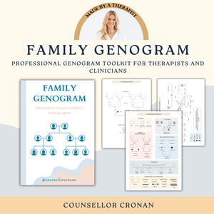 May include: A digital download of a family genogram toolkit for therapists and clinicians. The toolkit includes worksheets to help complete a family genogram, along with symbols and examples for gender, relationships, and emotional connections.