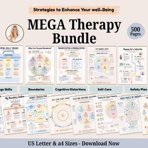 Pode incluir: Um pacote de terapia digital com 500 páginas de fichas de saúde mental. A coleção inclui documentos intitulados Coping Skills Toolbox, Personal Boundaries, Life Balance Check, Safety Plan e vários rastreadores de hábitos em tons suaves.