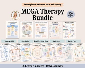 Mega shop bundle, 500 + Pages of Therapy worksheets and Activities. Anxiety, Self-Care Planner. Emotional Support. Coping skills.