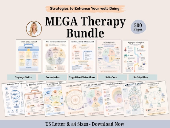 Mega shop bundle, 500 + Pages of Therapy worksheets and Activities. Anxiety, Self-Care Planner. Emotional Support. Coping skills.