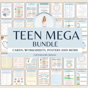 Teen mental health mega bundle, therapy worksheets, healing journey, depression, anxiety, cognitive distortions, affirmations, boundaries