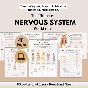 Puede incluir: Un libro de ejercicios digital de 40 páginas titulado The Ultimate Nervous System Workbook, disponible en formatos PDF A4 y US Letter. Las páginas incluyen diagramas, ilustraciones de estados del sistema nervioso y formularios de control.