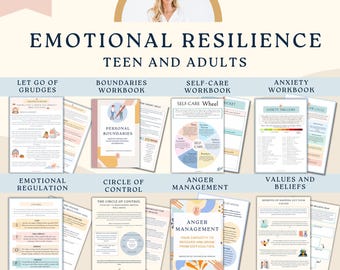 May include: A collage of printable worksheets for teens and adults on emotional resilience. The worksheets cover topics such as letting go of grudges, boundaries, self-care, anxiety, emotional regulation, circle of control, anger management, and values and beliefs. The text "Over 300+ items... Counselor Cronan" is at the bottom of the image.