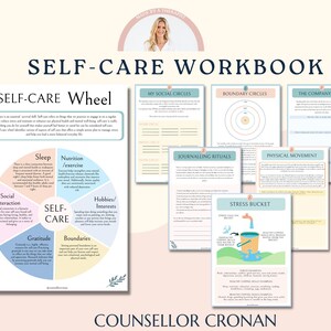 May include: A self-care workbook featuring a colourful wheel diagram labelled "Self-Care Wheel" with categories such as sleep, nutrition, social interaction, hobbies, gratitude, and boundaries. The workbook also includes worksheets for journaling rituals, physical movement, stress bucket, my social circles, boundary circles, and the company I keep.