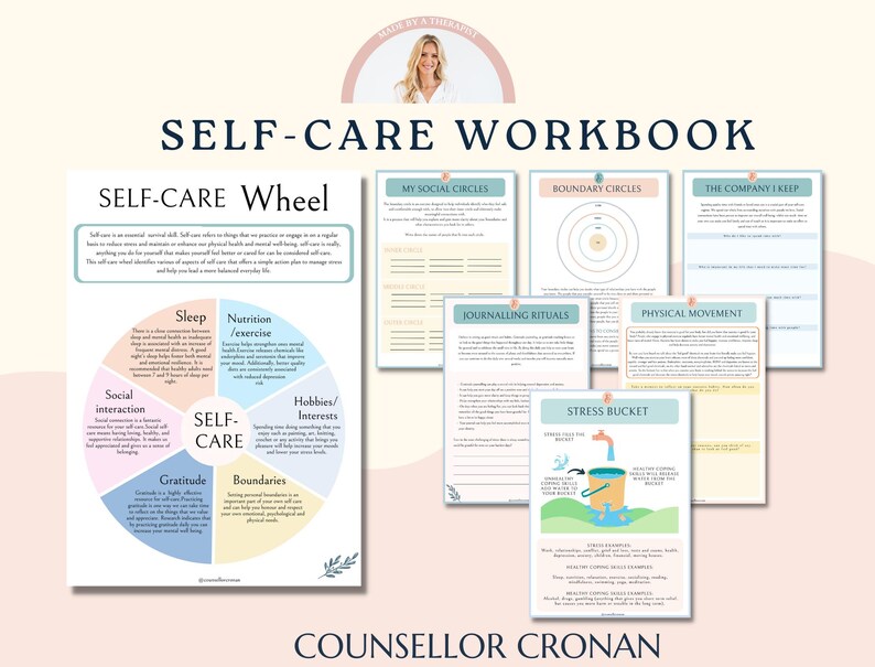 May include: A self-care workbook featuring a colourful wheel diagram labelled "Self-Care Wheel" with categories such as sleep, nutrition, social interaction, hobbies, gratitude, and boundaries. The workbook also includes worksheets for journaling rituals, physical movement, stress bucket, my social circles, boundary circles, and the company I keep.