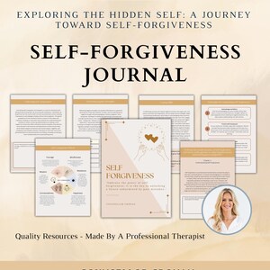 Może przedstawiać: Dziennik samopomocy zatytułowany "Self-Forgiveness Journal" z tekstem "Exploring the Hidden Self: A Journey Toward Self-Forgiveness". Okładka zawiera wzór serca i słowa "Self Forgiveness". Dziennik jest wykonany przez profesjonalnego terapeutę.