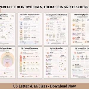 May include: Eight printable mental health worksheets featuring text and icons for emotional regulation. Titles include My Safe Places, Self-Soothing Through the Five Senses, Grounding Skills, Understanding My Crisis Cycle, Building My Support Network, My Emotional Thermometer, My Crisis Action Plan, and My Personal Crisis Cycle.