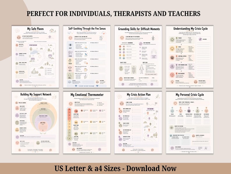 May include: Eight printable mental health worksheets featuring text and icons for emotional regulation. Titles include My Safe Places, Self-Soothing Through the Five Senses, Grounding Skills, Understanding My Crisis Cycle, Building My Support Network, My Emotional Thermometer, My Crisis Action Plan, and My Personal Crisis Cycle.