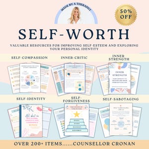 Self worth discovery therapy bundle, self love, self care, positive affirmations, inner critic, self sabotage, life coach, therapy worksheet