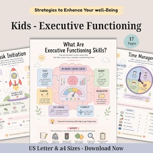 Könnte beinhalten: Ein Set aus siebzehn pädagogischen Arbeitsblättern mit dem Titel Kids - Executive Functioning, die pastellfarbene Illustrationen, Diagramme und Texte zu Fähigkeiten wie Fokus, Gedächtnis, Planung und Zeitmanagement für Kinder im A4-Format enthalten.