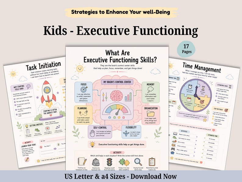 May include: A set of seventeen educational worksheets titled Kids - Executive Functioning, featuring pastel-coloured illustrations, diagrams, and text explaining skills like focus, memory, planning, and time management for children in A4 size.