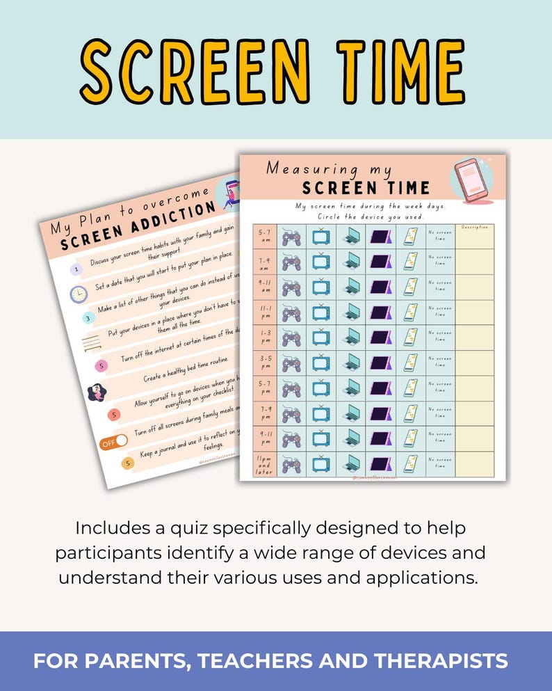 Screen time addiction worksheets, kids therapy, child therapist, psychologist resources, parenting tool, screen time, kids feelings. Planner image 4
