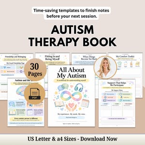 May include: An autism therapy workbook titled All About My Autism, featuring a colourful infinity symbol, headphones, and heart illustration. The set includes 30 pages of templates for notes, friendship, and comfort, available in US Letter and A4 sizes.