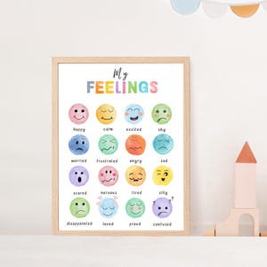 May include: A colorful chart with the title "My Feelings" and illustrations of different facial expressions. Each expression is labeled with a word describing a feeling, such as happy, calm, excited, shy, worried, frustrated, angry, sad, scared, nervous, tired, silly, disappointed, loved, proud, and confused.