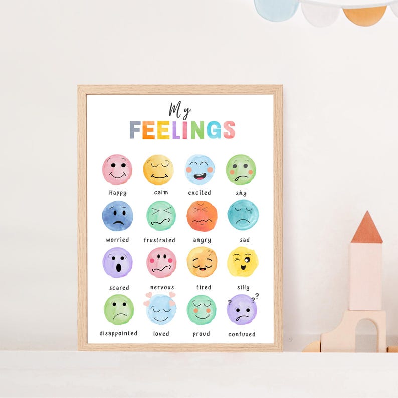 May include: A colorful chart with the title "My Feelings" and illustrations of different facial expressions. Each expression is labeled with a word describing a feeling, such as happy, calm, excited, shy, worried, frustrated, angry, sad, scared, nervous, tired, silly, disappointed, loved, proud, and confused.