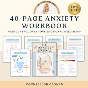 Cahier d'exercices de 40 pages sur l'anxiété. Infographie de psychologie. Triangle TCC, déclencheur d'anxiété, planificateur de thérapie, livre d'autosoins. Feuille de travail sur la thérapie