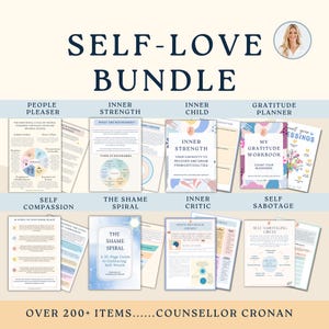 Könnte beinhalten: Ein Selbstliebe-Bundle mit verschiedenen Arbeitsbüchern und Ratgebern. Titel sind u.a. "People Pleaser", "Inner Strength", "Inner Child", "Gratitude Planner", "Self Compassion", "The Shame Spiral", "Inner Critic" und "Self Sabotage". Der Text "Over 200+ Items... Counselor Cronan" ist ebenfalls enthalten.