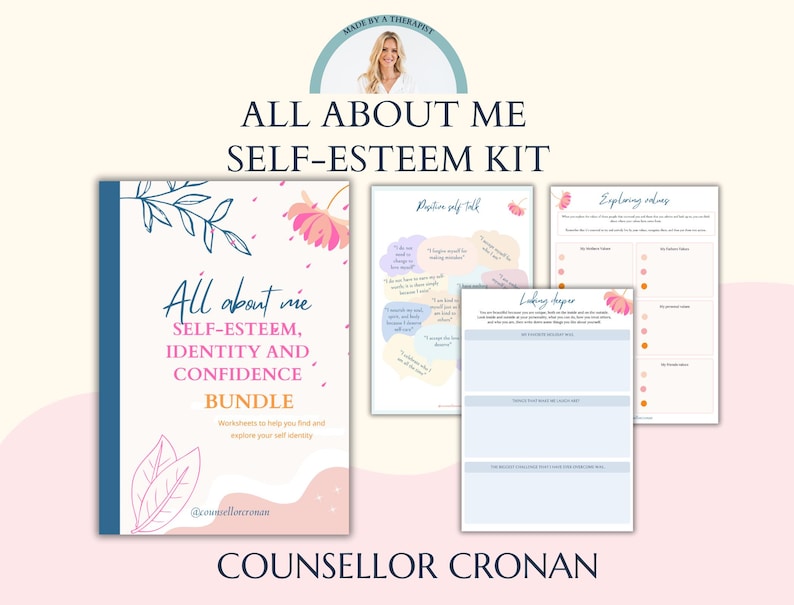 May include: A self-esteem kit featuring a pink and blue floral design. The kit includes a workbook titled "All about me Self-Esteem, Identity and Confidence Bundle" and several worksheets with titles such as "Positive Self Talk" and "Exploring Values".