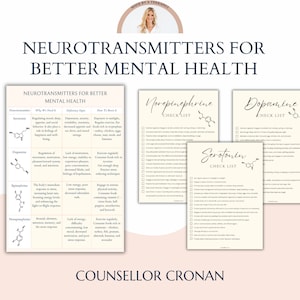 Cuadro y lista de verificación de neurotransmisores de salud mental, folleto psicoeducativo para terapeutas, kit de herramientas de autocuidado, sustancias químicas de la felicidad, hoja de trabajo