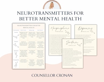 Mental Health Neurotransmitters Chart and checklist, Psychoeducational handout for therapists, self-care toolkit, happy chemicals, worksheet