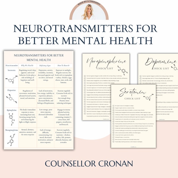 Mental Health Neurotransmitters Chart and checklist, Psychoeducational handout for therapists, self-care toolkit, happy chemicals, worksheet