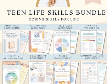 May include: A collage of colorful worksheets for teens on coping skills for life. The worksheets cover topics such as emotional processing, boundaries, self-care, anxiety, healthy relationships, reacting vs responding, anger management, and communication. The text "TEEN LIFE SKILLS BUNDLE" and "COPING SKILLS FOR LIFE" is at the top of the image. The text "OVER 300+ ITEMS......COUNSELLOR CRONAN" is at the bottom of the image.