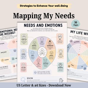 May include: A 30-page digital workbook titled Mapping My Needs with worksheets including Needs and Emotions, Which Emotional Needs Are Missing, and My Life Wheel. The pages feature pastel-colored charts, diagrams, and prompts for self-reflection.